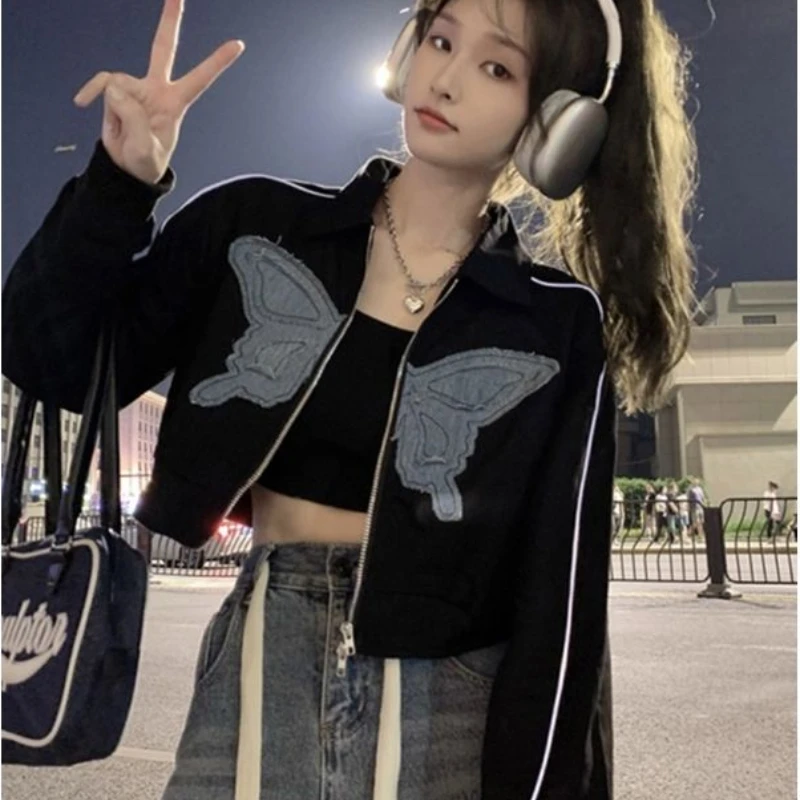 Streetwear Harajuku Crop เสื้อผีเสื้อเย็บปักถักร้อยหญิงผู้หญิง Slim 2022เปิดลงคอปกฤดูใบไม้ผลิฤดูใบไม้ร่วงทั้งหมดตรงกับเสื้อ