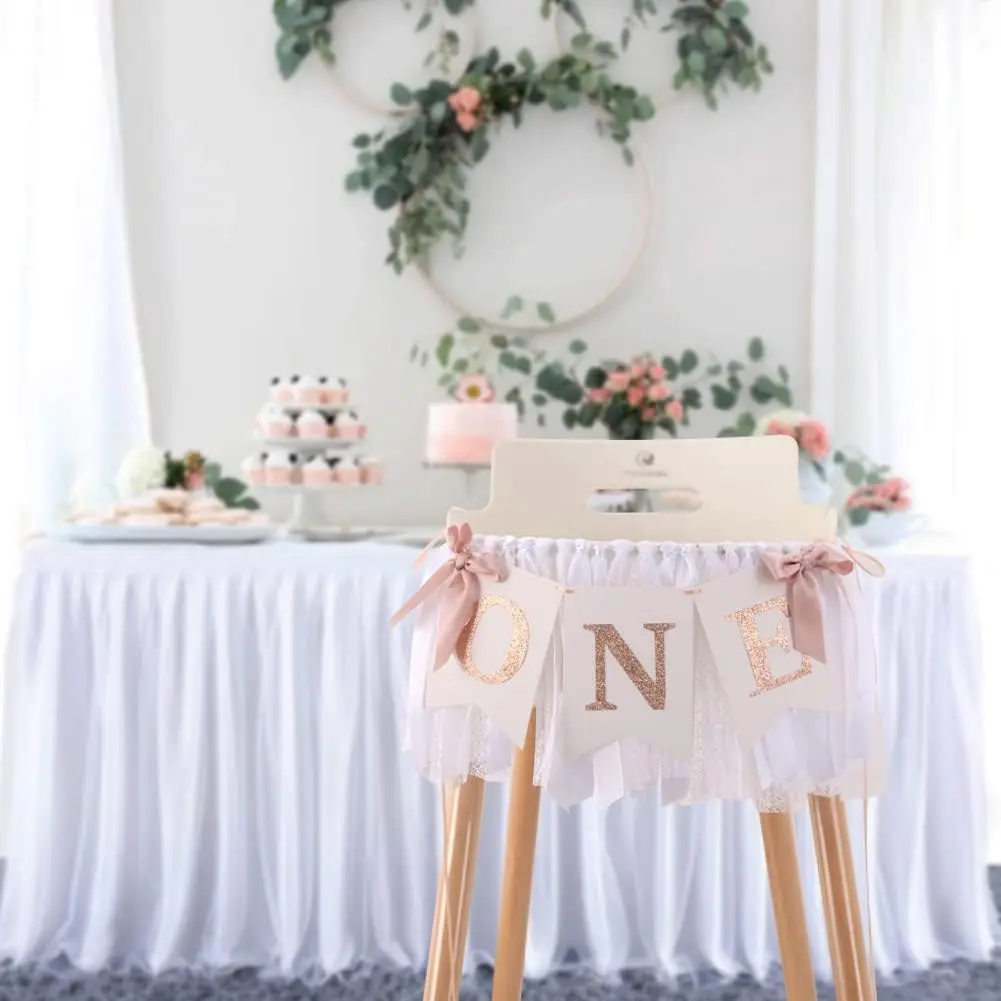 Rose Gold Blush White Highchair Banner Girl 1st Birthday Banner First One Year Party Decor with Cown