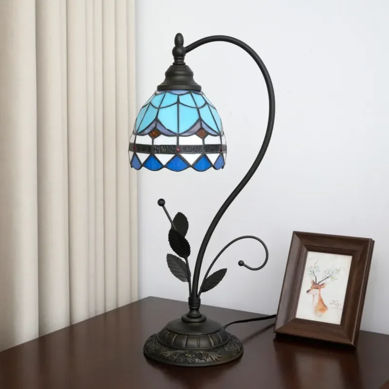 Metal Leaf Decorated Direct Style Table Lamp Mediterranean Stained Glass Art Deco Reading Light