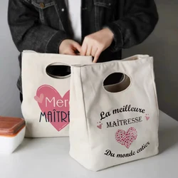 Merci Maitresse Stampa Borsa per il pranzo Borsa termica portatile in tela isolata Bento Tote Borse termiche per la conservazione degli alimenti per la scuola Regalo per l'insegnante
