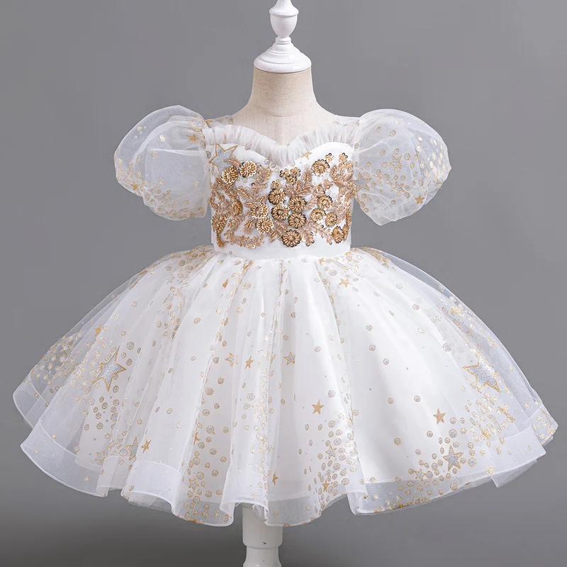 D8905 White Wedding Birthday Gown Lace Tutu Princess Dress Girls Children Clothing Kids Party For Girl Clothes