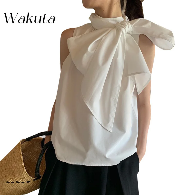 WAKUTA 2024 Summer Elegant Hanging Neck 3D Bow Decoration Short Sleeve Sexy Satin Texture Camis for Women Pornhub Crop Top