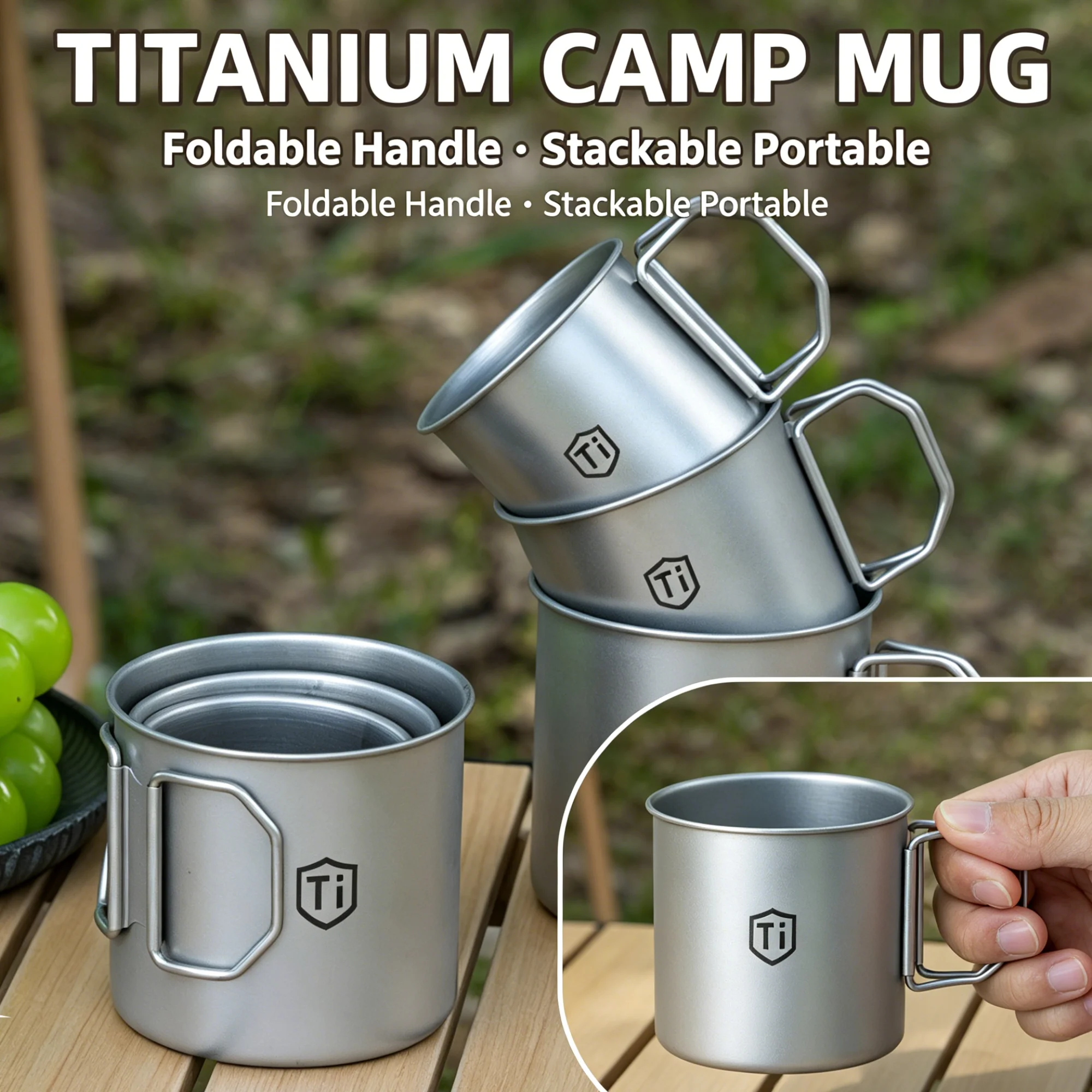Ultralight Pure Titanium Camping Mug Foldable Handle Stackable Portable Outdoor Water Coffee Beaker Heat Resistant Cup Hiking
