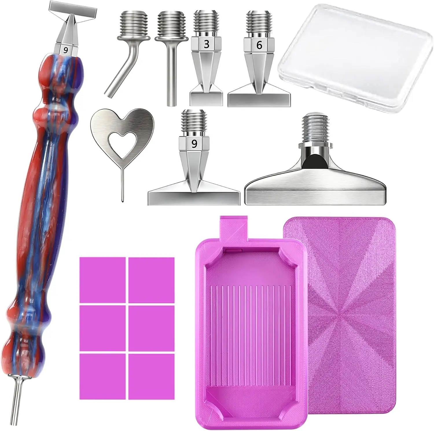 Resin DIY Gourd-Shaped Dotting Pen Accessories, Including No. 1, 3, 6, 9 Threaded Steel Pen Tips and a Diamond Painting Tray with Cover, Suitable for 5D Diamond Painting Accessories and Tools