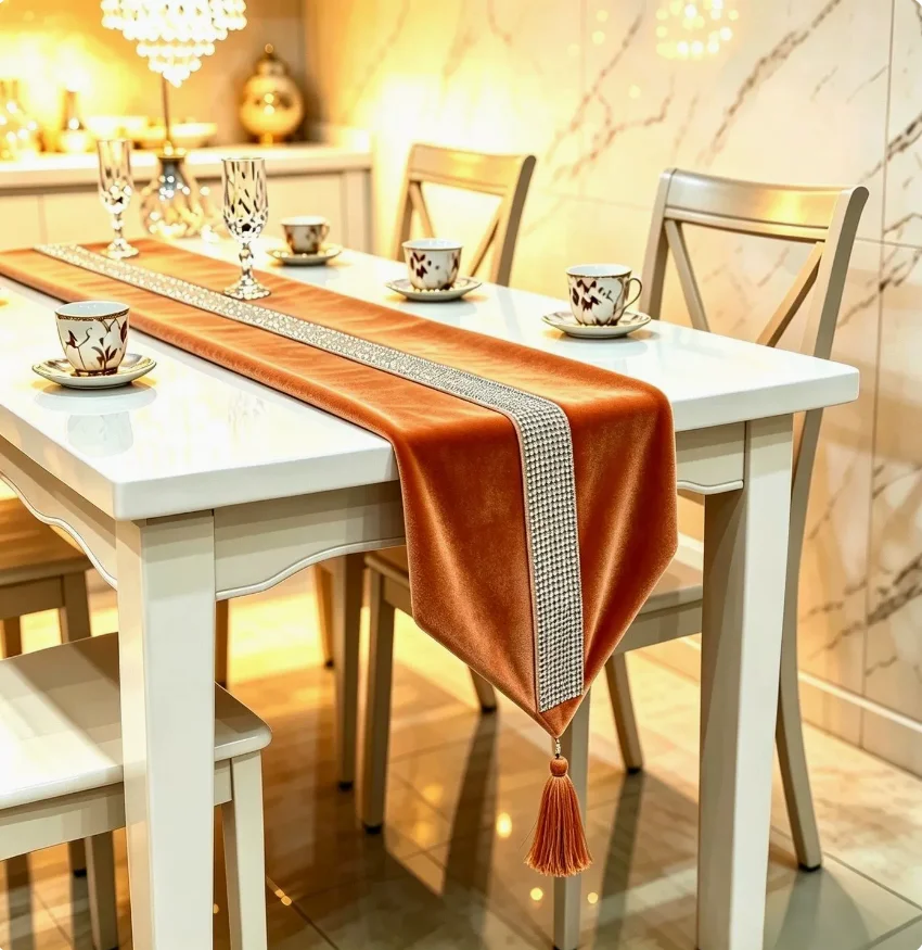 Light‑Luxury Korean Velvet Rhinestone Inlaid Rectangular Table Runner, Modern European Simple Table Flag for Party Table Decor