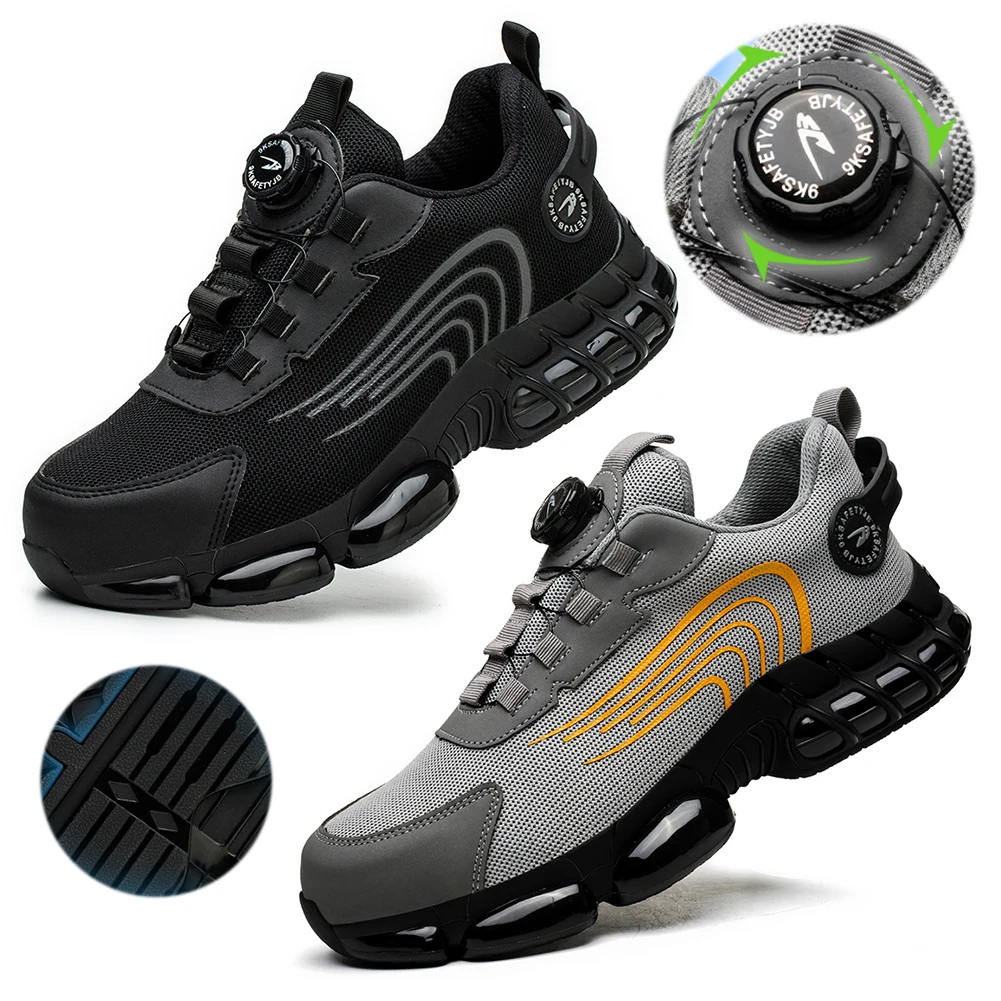 Рабочая обувь с вращающейся кнопкой, легкая защитная обувь, дышащие кроссовки со стальным носком для мужчин и женщин