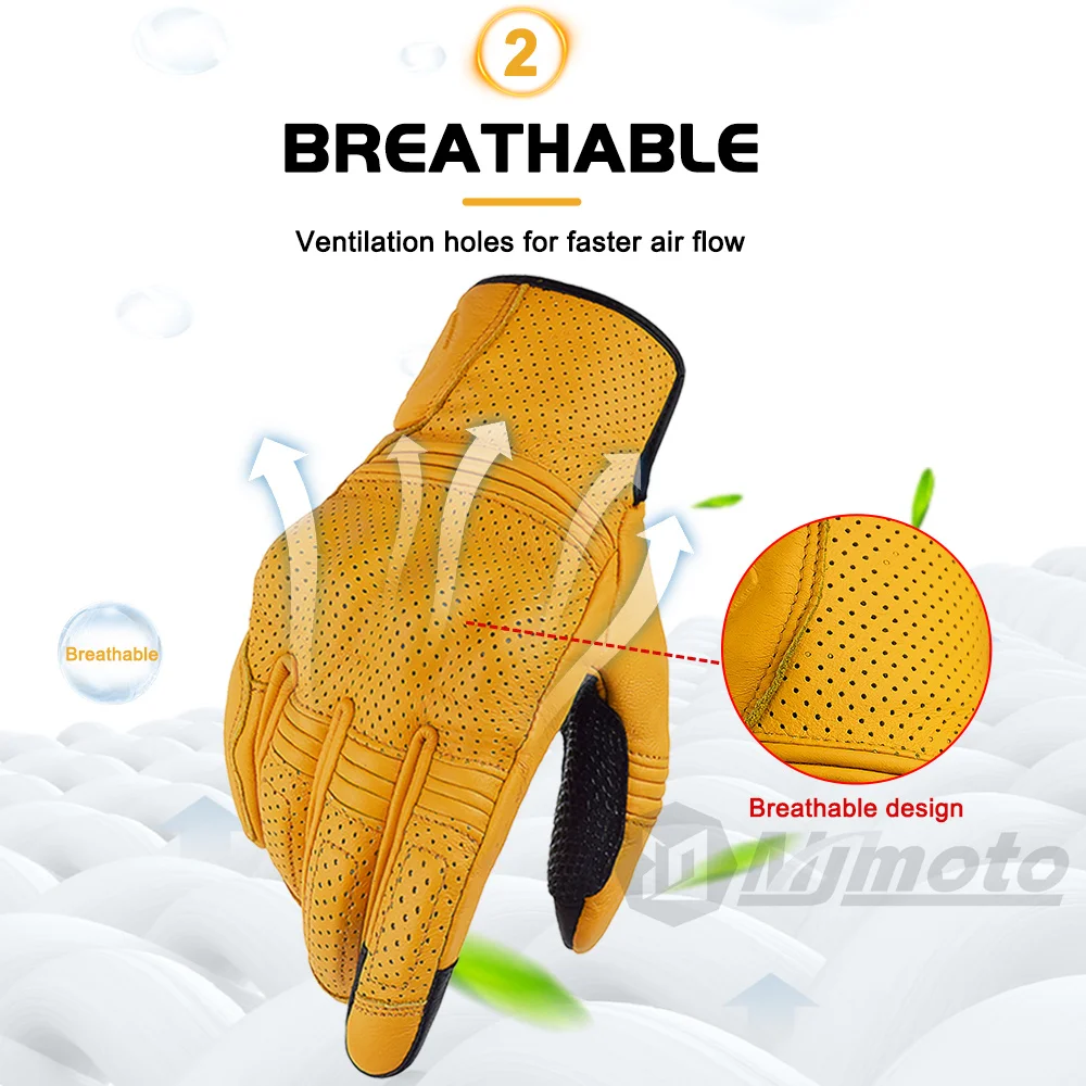 Guanti da moto retrò in pelle di capra gialla guanti Touch Screen moto Motocross guanti da corsa perforazione estiva traspirante