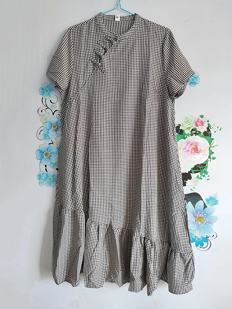 Summer Cotton Vintage Plaid Long Dresses For Women 2025 New Casual Breathable Dress Office Lady Work Femme Robe Elegant Clothing