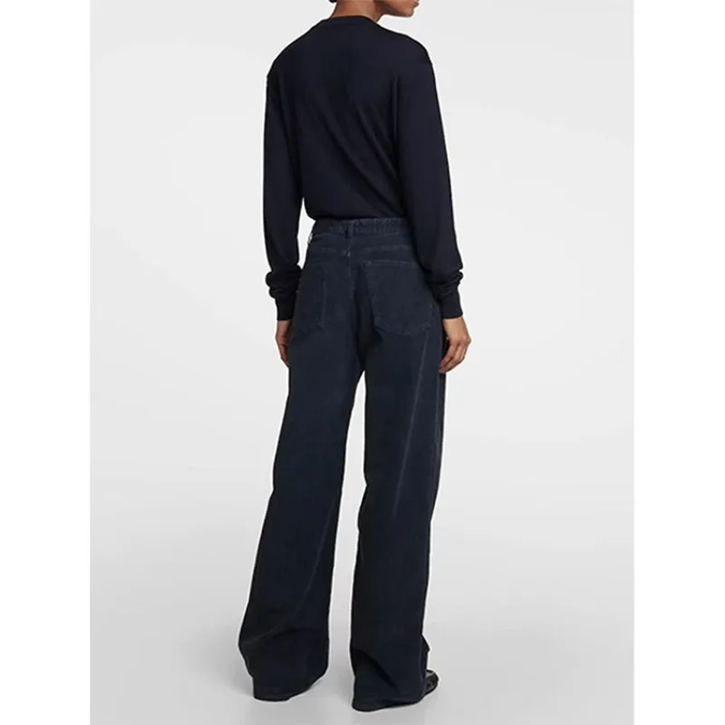 LUXURY-Corduroy Wide Leg Pants, Blue, High Waisted, Straight Leg, Loose, American Minimalist Style, Autumn, New, 2024