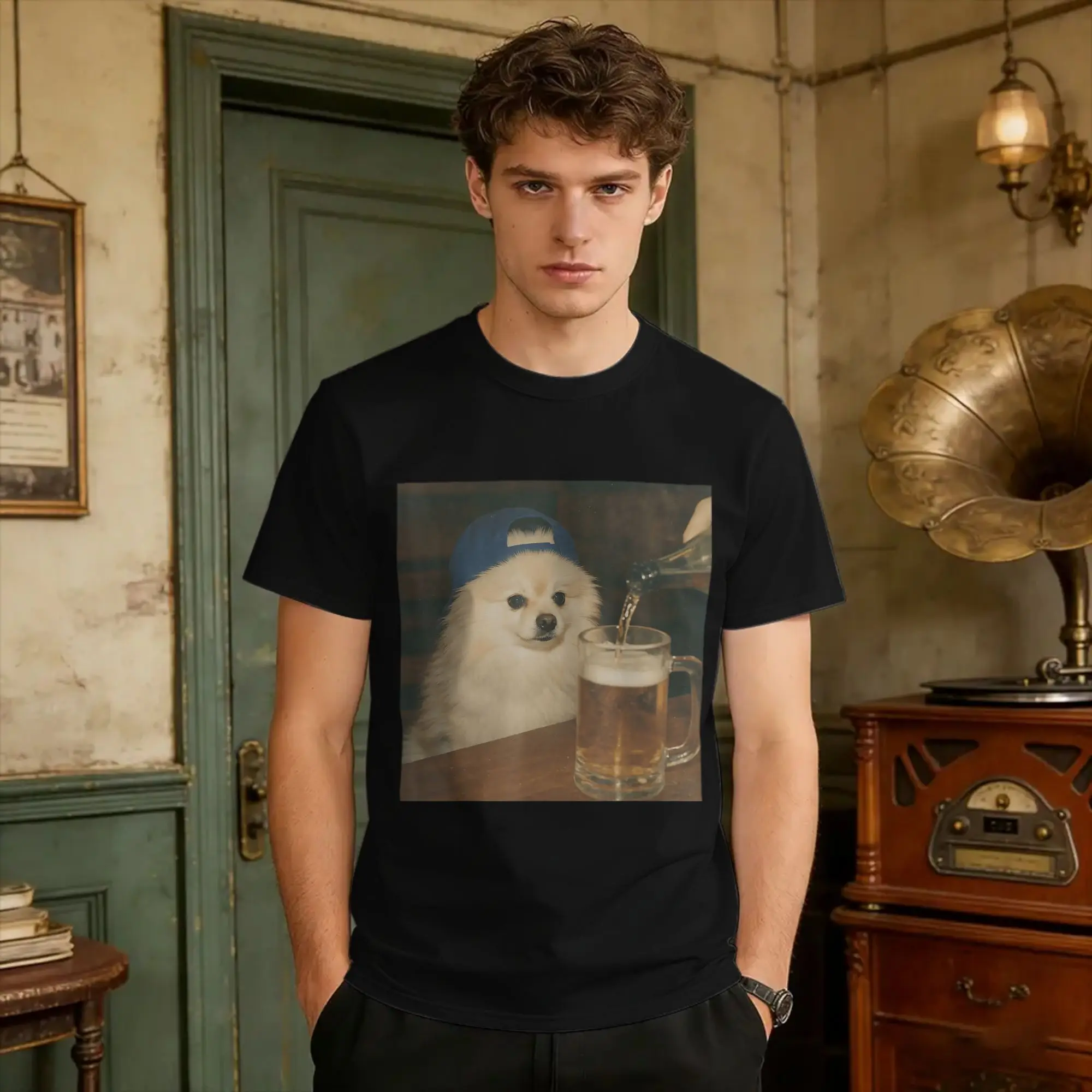Camiseta Vintage con diseño de perro Pomeranian bebiendo cerveza, camisetas divertidas de algodón 100% para hombre, camiseta con patrón, camisetas divertidas de manga corta Y2K