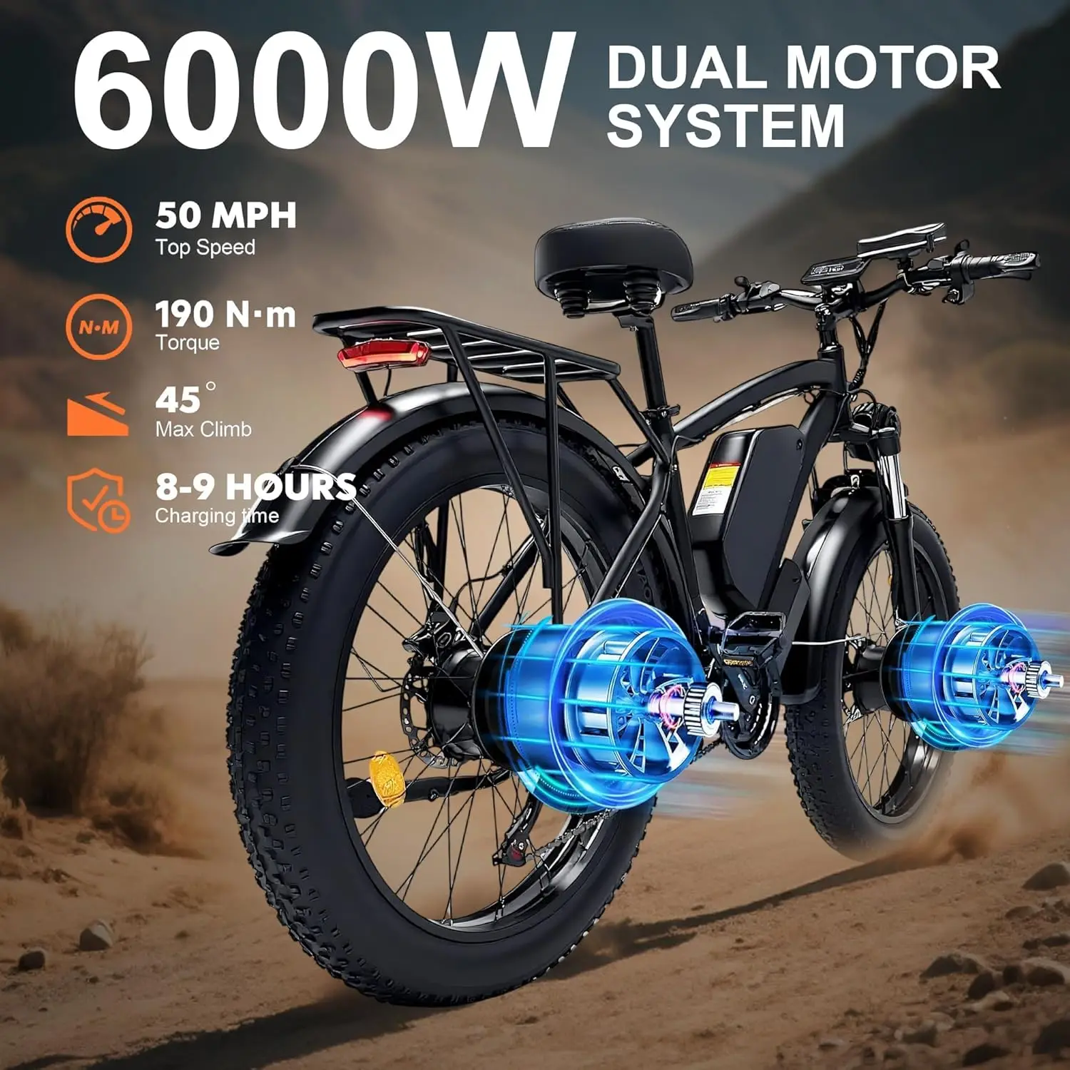 Bicicleta Eléctrica NOVA X1 de 6000W de Potencia Máxima con Doble Motor para Adultos, 80 km/h con Batería de 60V25AH, Bicicleta Eléctrica con Neumáticos Gruesos de 26 Pulgadas para Todo Terreno