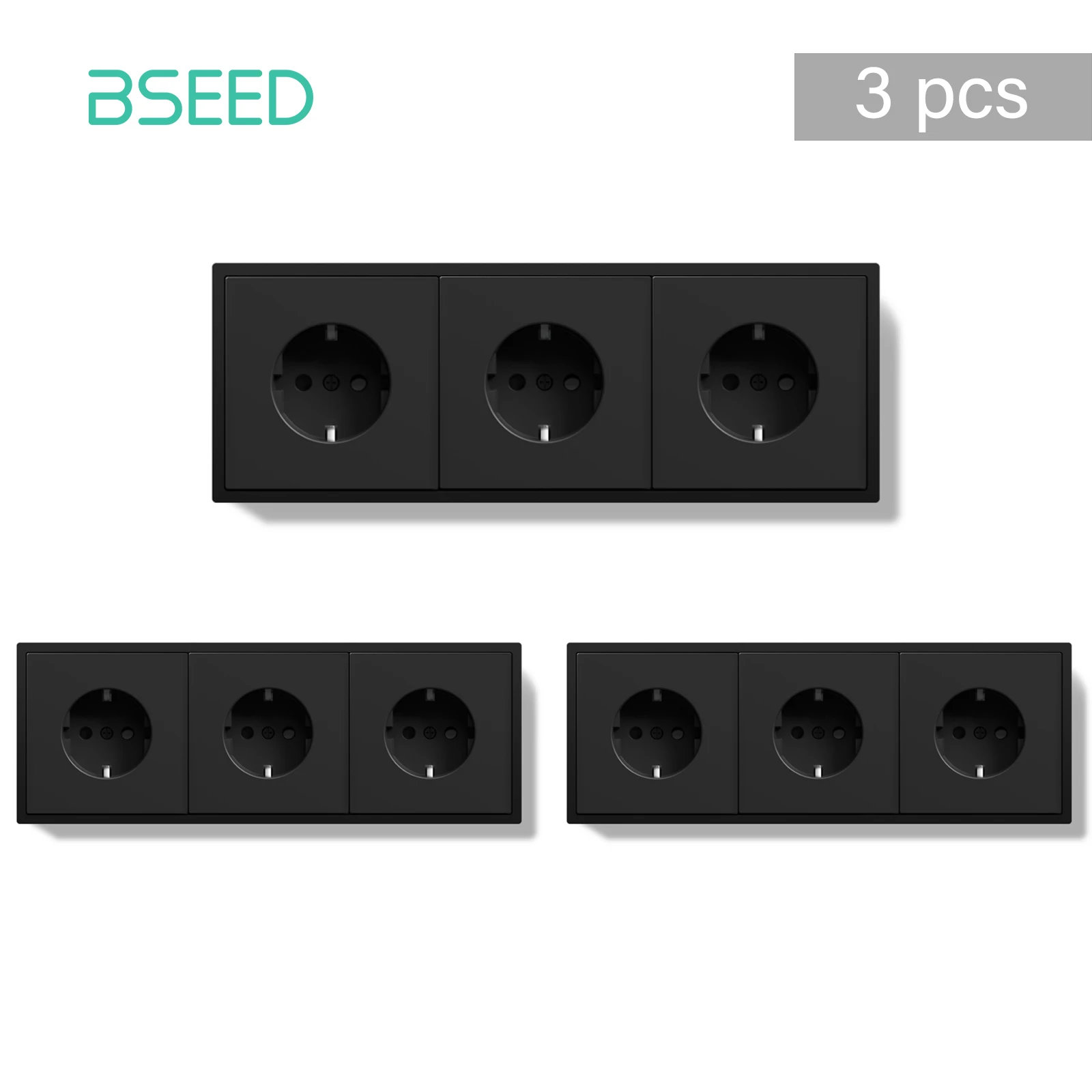 BSEED EU Standard 1/3/5 Pack Triple Wall Electrical Sockets Power Outlets Value Pack White Black Plastic Frame 16A view 2