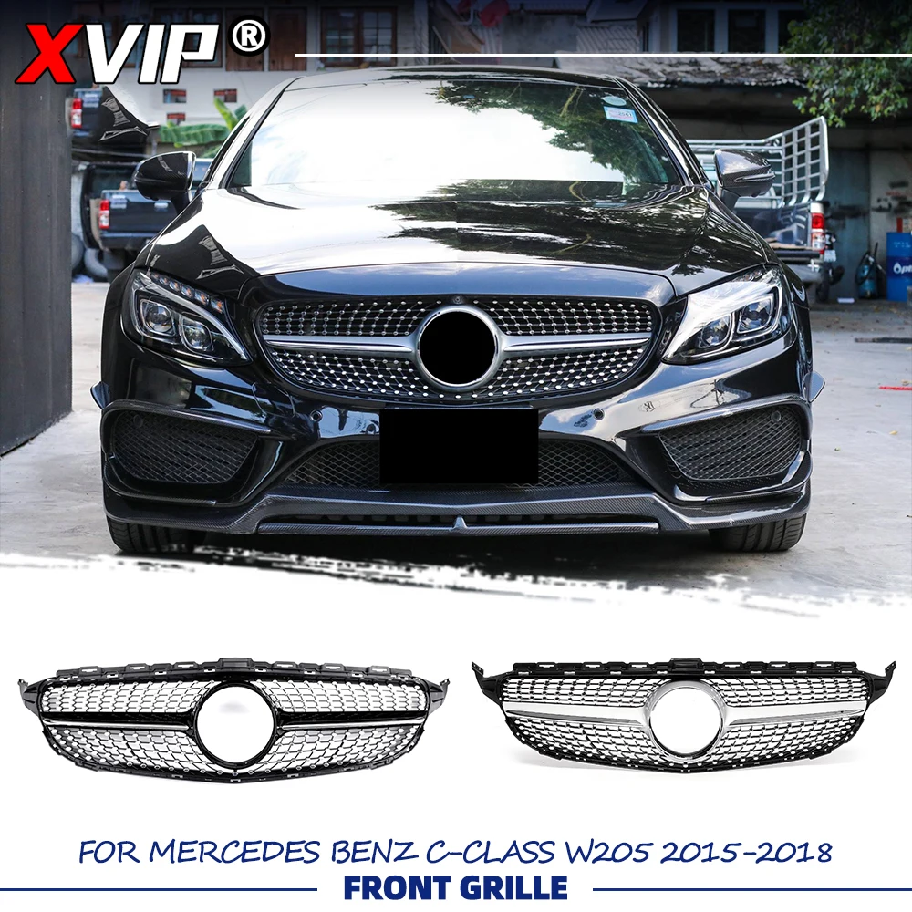 

XVIP Chrome Black Diamonds Style Racing Grille For Mercedes Benz C-Class W205 2015-2018 C200 C250 C300 C450 Silver Upper Grille