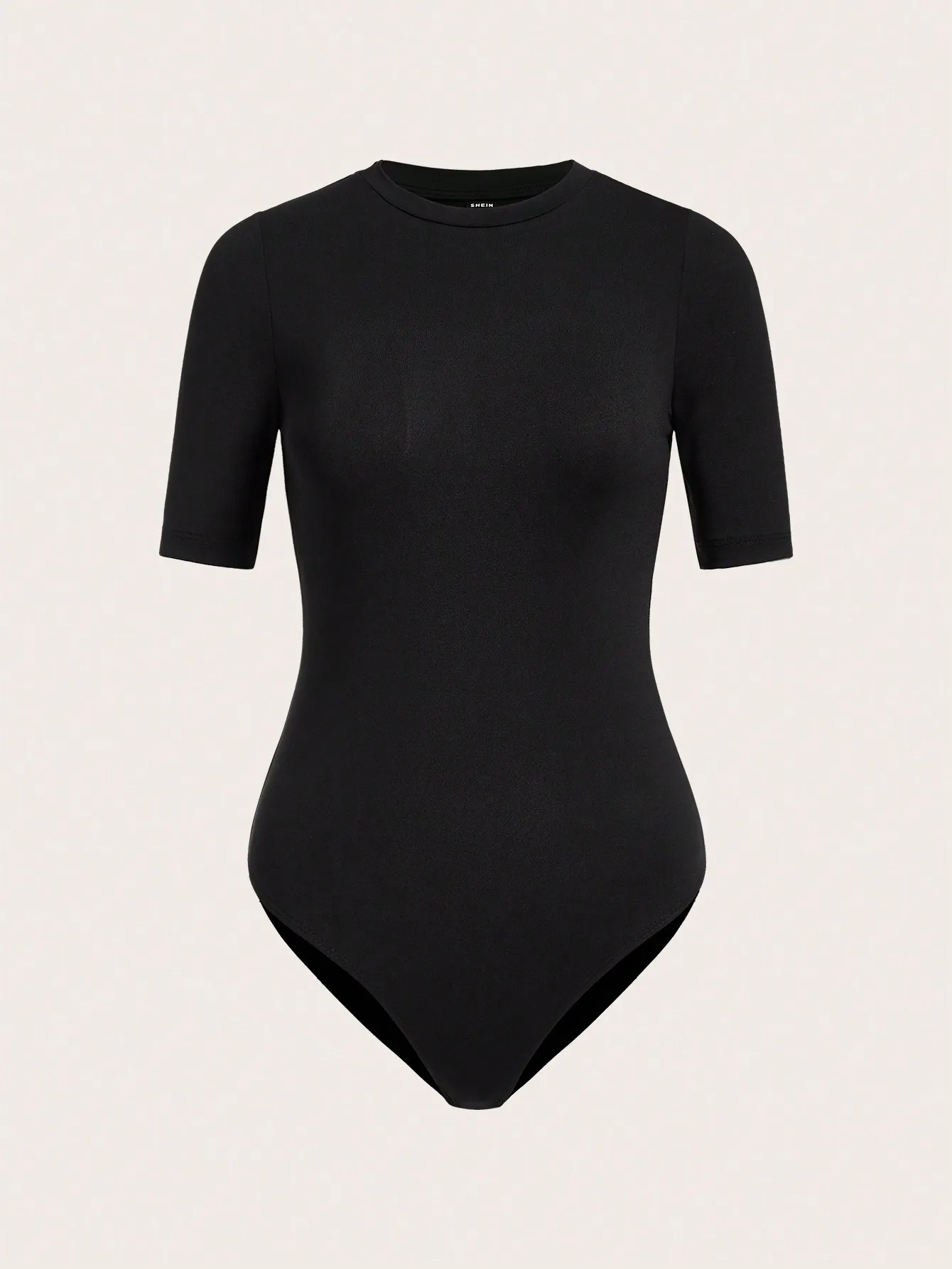 

Черный однотонный боди с круглым вырезом и короткими рукавами для женщин