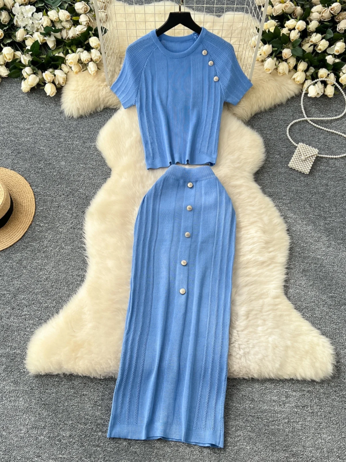 High-End Knitted ort-Sve round Ne Bodycon  Skirt Two-Piece Set for Young Women Commute Sle Winter Faion