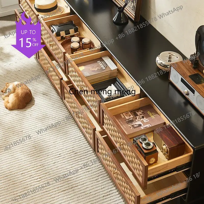 

01A Medieval style floor-to-ceiling solid wood TV cabinet creative rattan household storage low cabinet retro TV cabinet