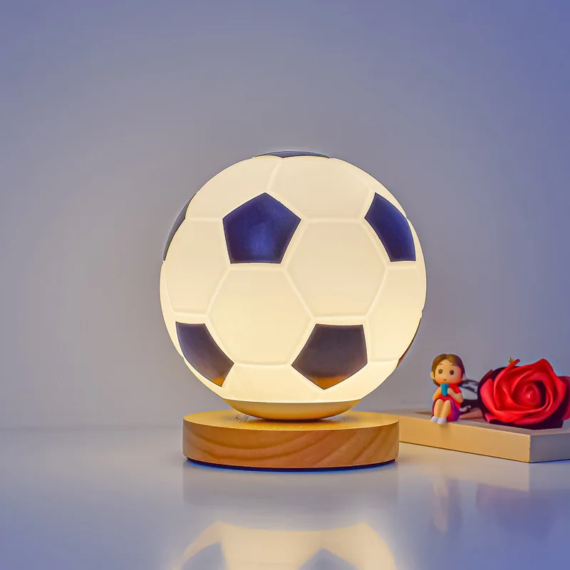 LED Glass Football Night Light Premium Sense Bedroom Study Bedside Decoration Kids Kids Gift Solid Wood Glass Night Light