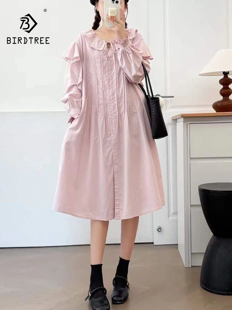 

New 2026 Spring Women Cotton Long Sleeve Dresses, O Neck Ruffles Patchwork, Mori Girl Preppy Style Sweet Loose Dress D61588CC