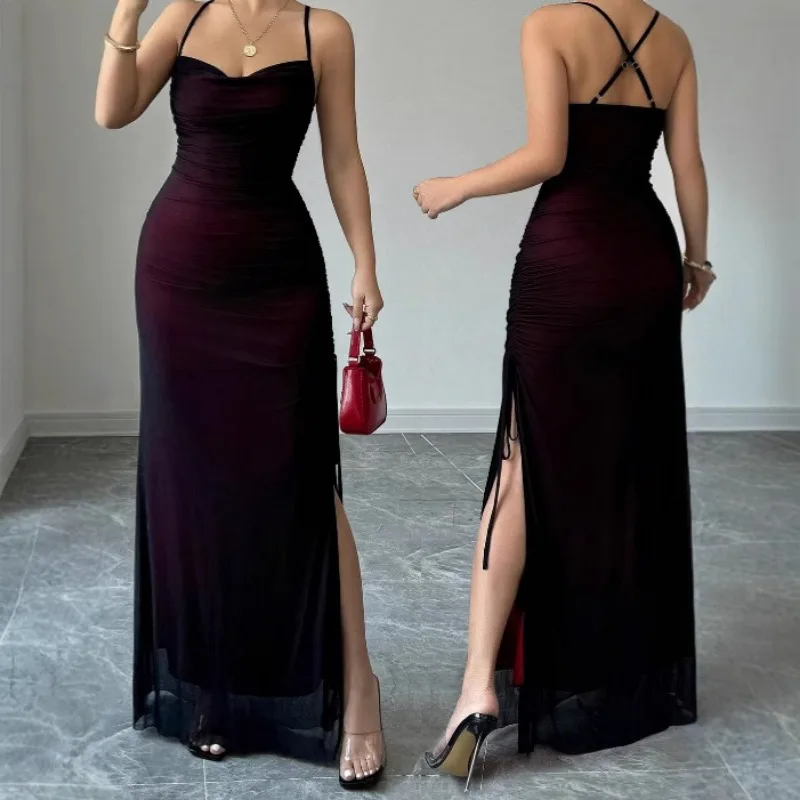 

Summer Dress High Street Women Clothing Bodycon Dress Tulle Spaghetti-Strap Square-Neck Fitted Dresses Tie Slit Birthday Dress