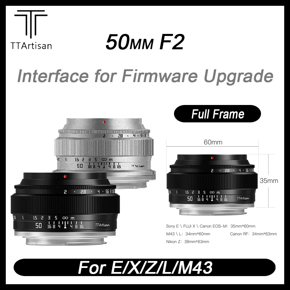 TTartisan 50mm F2 Full Frame Standard Prime Retro Compact Camera Lens for Nikon Z Fuji XF Sony E M4/3 L-Mount