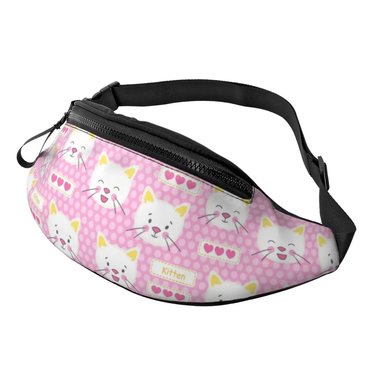 Custom Cool Cute Kitten Cat Doodle Fanny Pack Men Women Black Cats Crossbody Waist Bag for Traveling Phone Money Pouch