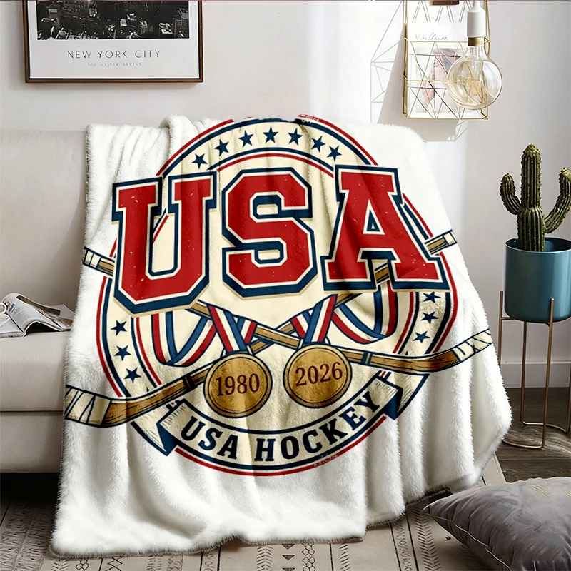 Vintage USA Hockey Gold Medal Unisex Flannel Blanket, USA Gold 1980 and 2026 Flannel Throw