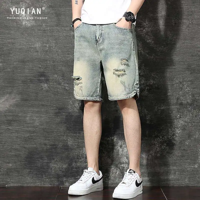 Light Denim Shorts 2025 Ripped Denim Men's Jeans Shorts Loose Design Casual Pants Summer Brand Ins High Street Medium Pants