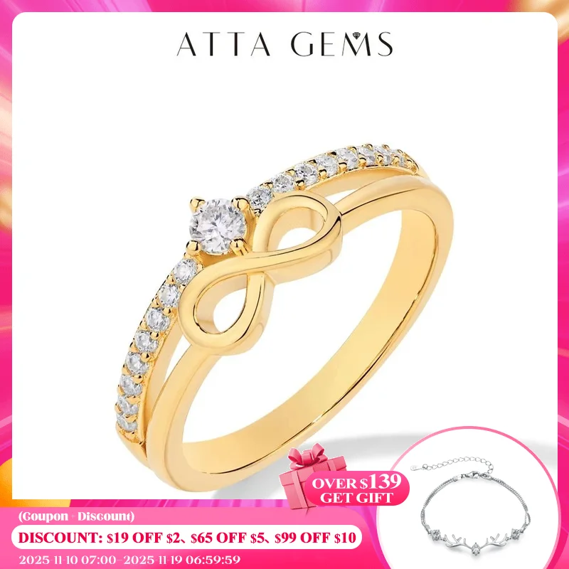 

ATTAGEMS Yellow Gold Plated D Color Moissanite Diamond Rings for Women S925 Silver Love Link Engagement Wedding Festival Jewelry