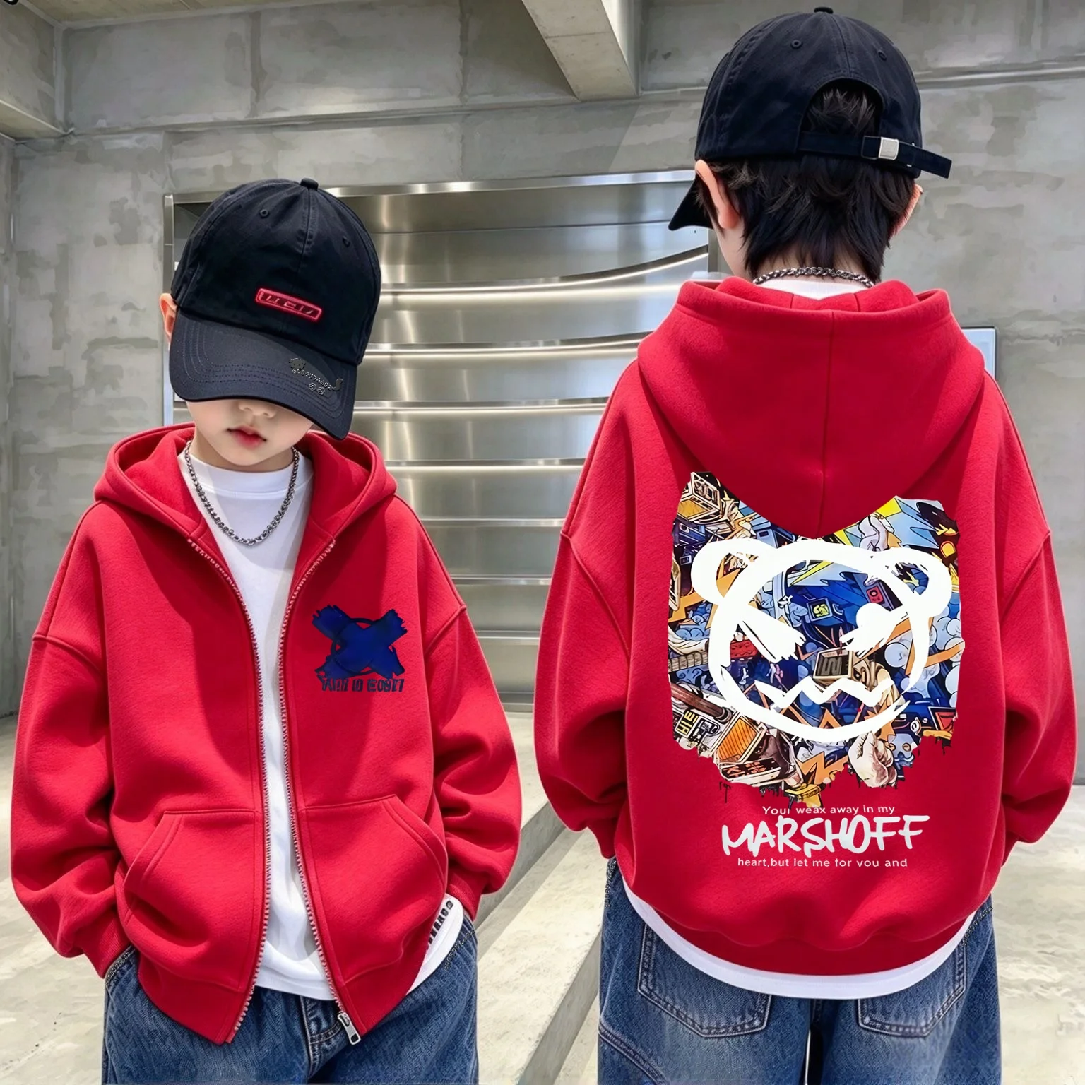 Trend Streetwear Graffiti Evil Bear Graphic Print Kids Zip Hoodie Winter Boys Girls Hooded Jacket Long Sleeve Sweatshirt