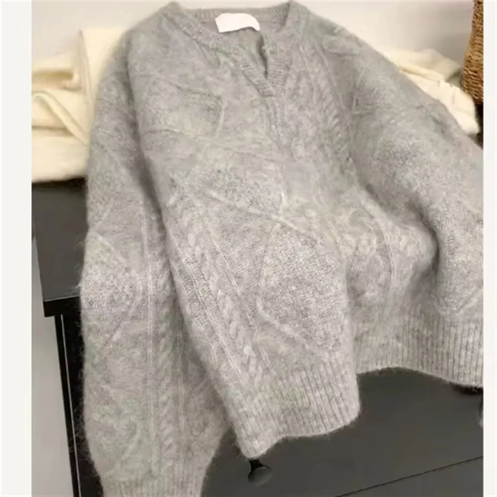 

Sweet Orange Knitted Sweater Pullover Twist Thickened V-Neck Women's Autumn Winter New Loose Outerwear Pullovers Soft Mohair Top