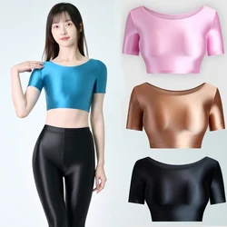 Japanese Satin Glossy Sexy Short Sleeve Top Sports Shiny Silk Smooth T-shirt Tight Yoga Swim Expose Navel Short Sleeve Top