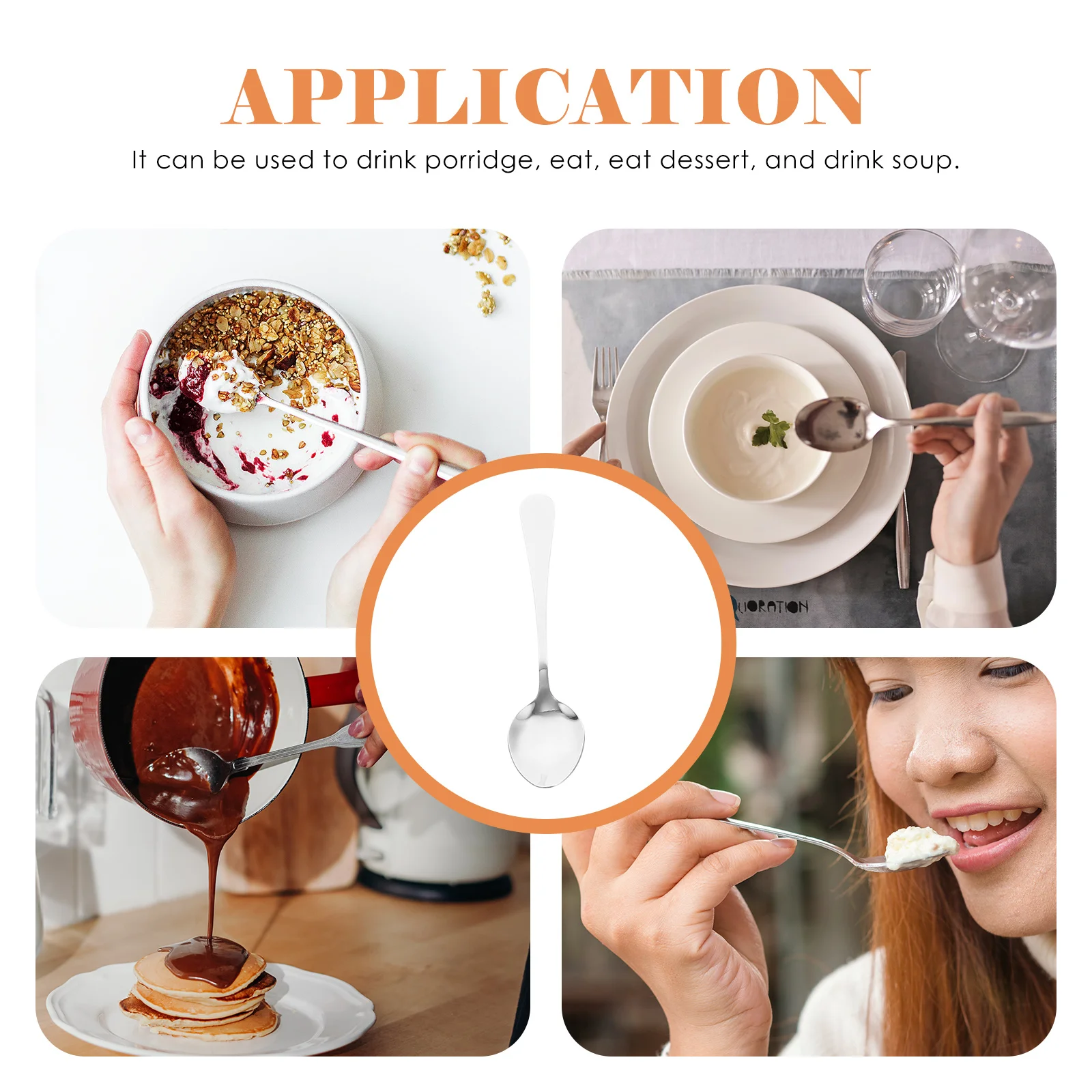 

6Pcs Metal Dessert Spoon Set Stainless Steel Food Spoons for Cooking Eating Serving Soup Rice Porridge Use