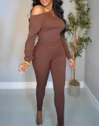 Elegant Two Piece Set for Women 2024 Autumn Fashion Casual Brown Slant Collar Ruffle Long Sleeve Top and Casual Tight Pants Set