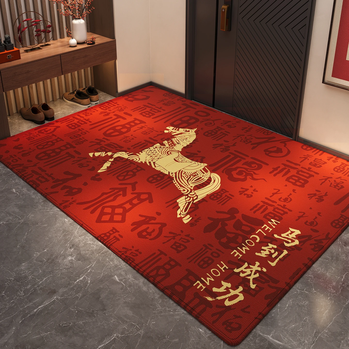 

Новогодний красный придверный коврик с праздничным узором, противоскользящий, для дома, из высококачественного материала