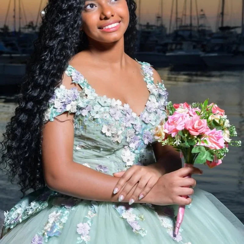 

Mint Green Quinceanera Dresses Off the Shoulder Glitter 3D Flower Decal Long tail Bow Vestido De 15 Quinceanera Customize