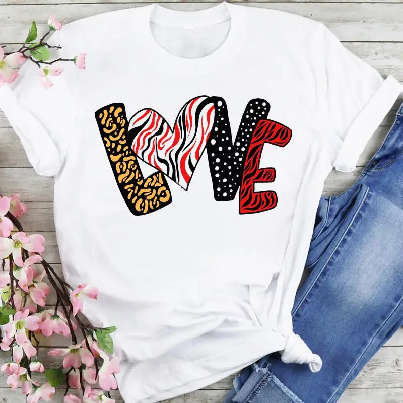 

Women Valentine's Day Ladies Summer Cartoon Graphic T-Shirt Short Sleeve Tees Love Fashion Female Clothes Tshirts