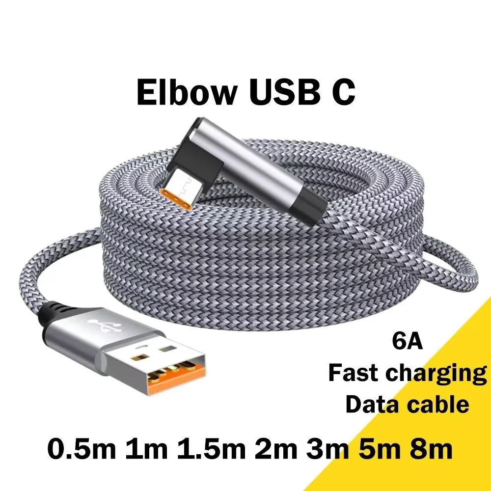 USB Type C 6A Super Charging Cable For Huawei USB Extended Cable Game Elbow Charger Line For Xiaomi Vivo OnePlus Oppo Samsung