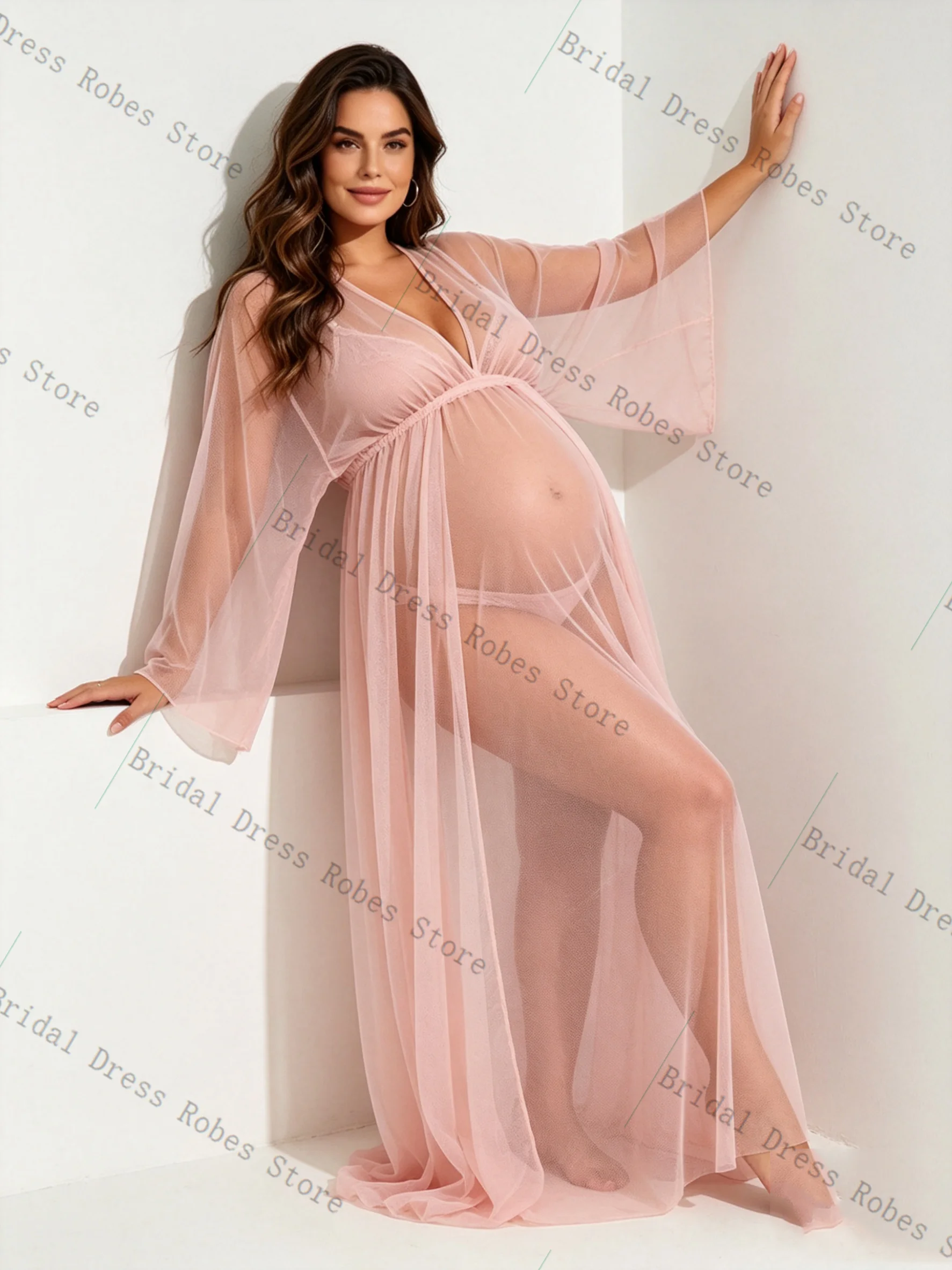 

Pink Tulle Women Pregnancy Prom Dress For Photoshoot Formal Sexy V Neck Pleated Long Bridal Morning Robe Customized Night Gown