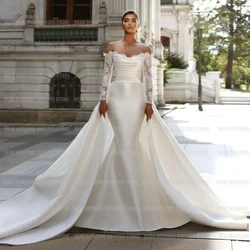 Precioso vestido de novia de cola desmontable para mujer, elegante Aplique de encaje largo con hombros descubiertos, vestidos de novia formales de princesa de talla grande