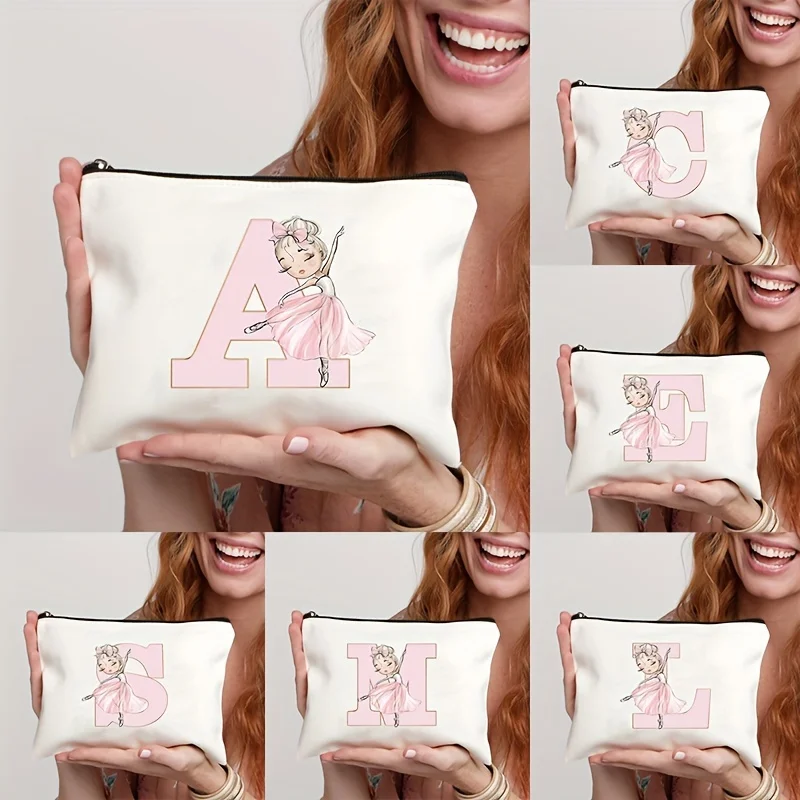 Ballet Girls Cartoon Initial Makeup Bag Lightweight Portable Cosmetic Organizer Pink Lettering Fairy Design Travel Storage Bags