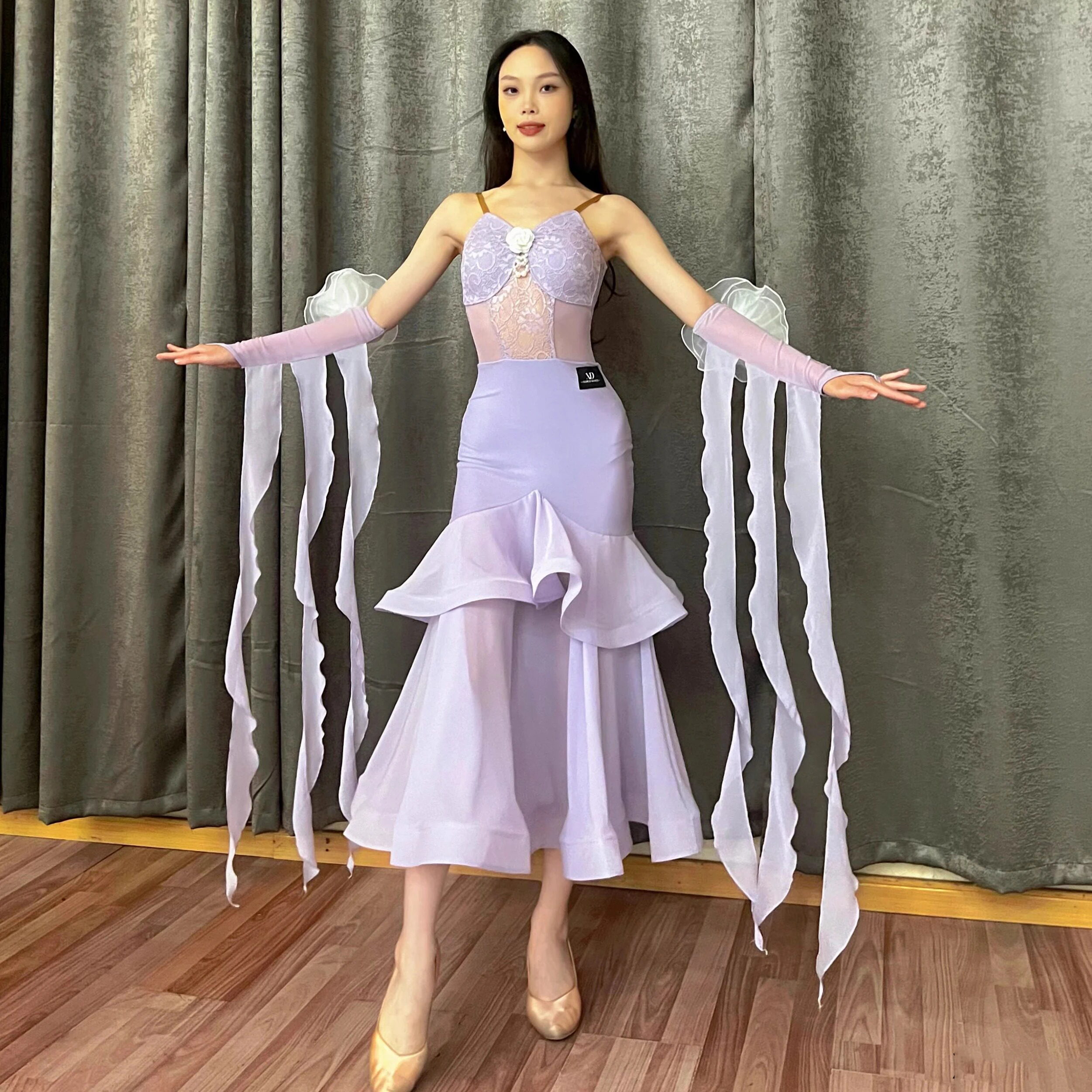 2026 Women Modern Dance Clothes National Standard Dance Purple Lace Big Swing Fishbone Dress Ballroom Waltz Dance Wear DN24090