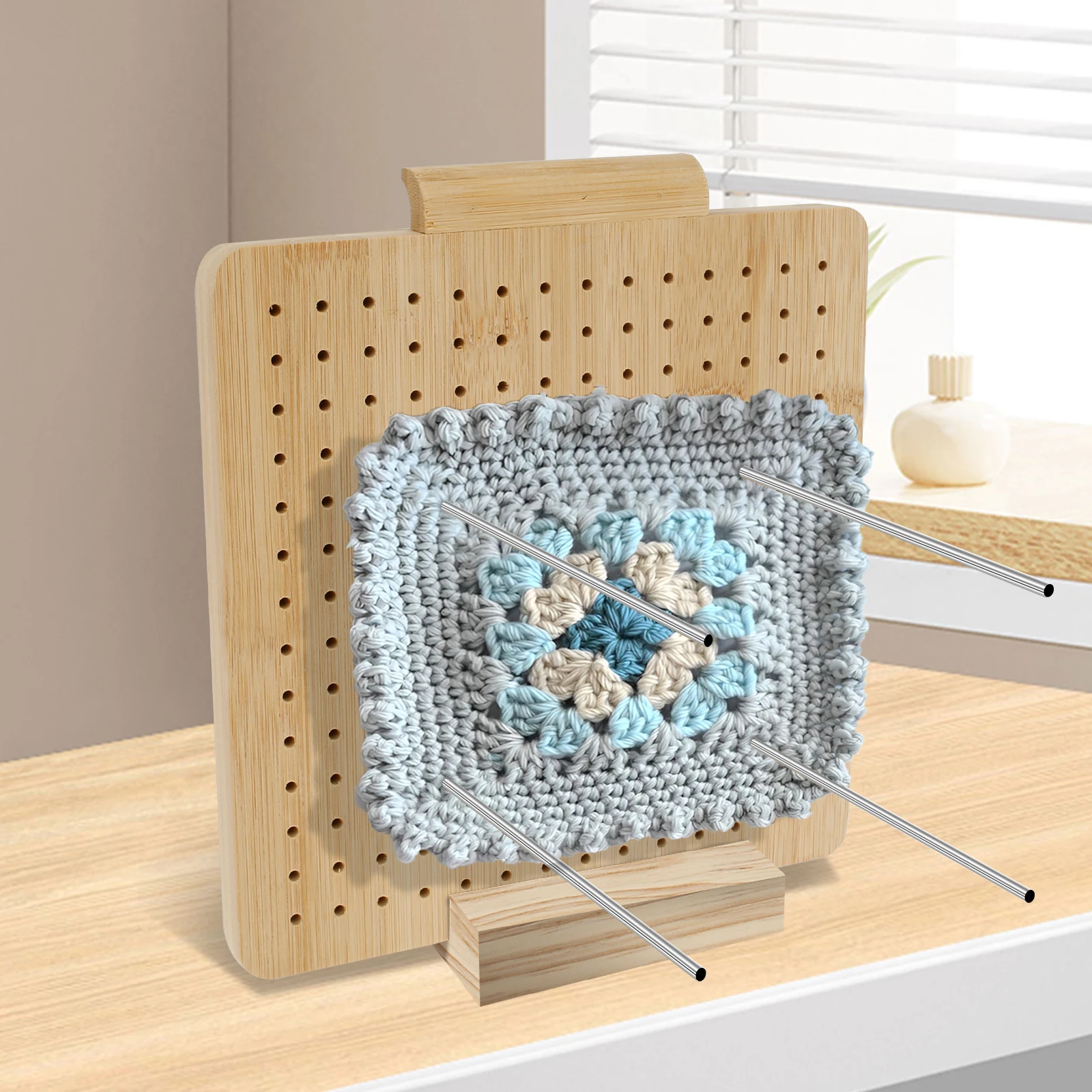 Crochet Blocking Board with 15 Stainless Steel Rod Pins Granny Square Blocking Board with Groove Wood Blocking Board Reusable