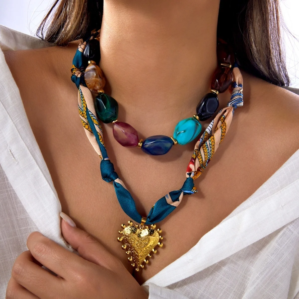 Stainless Steel Textured Heart Blue Printed Scarf Ribbon Acrylic Beaded Necklace For Women Colored Irregular Bead Choker Jewelry