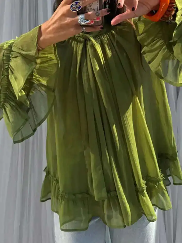 Elegant Lace Up Flare Sleeve ดูผ่านเสื้อแฟชั่นคอ Curg Edge เสื้อใหม่หญิงเดินทาง Highstreet Tops