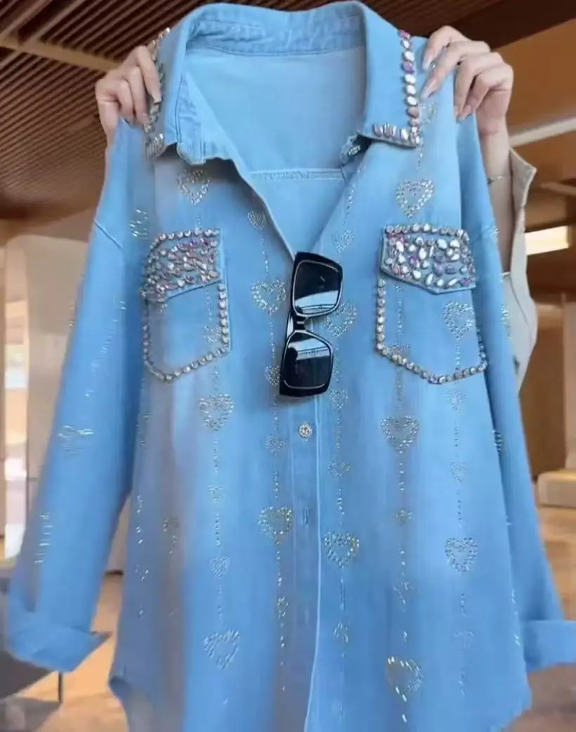 

Новинка 2023 года, осенний тренд, модные джинсовые рубашки и блузки с бриллиантами для женщин, свободная повседневная верхняя одежда, джинсовый топ, женская одежда