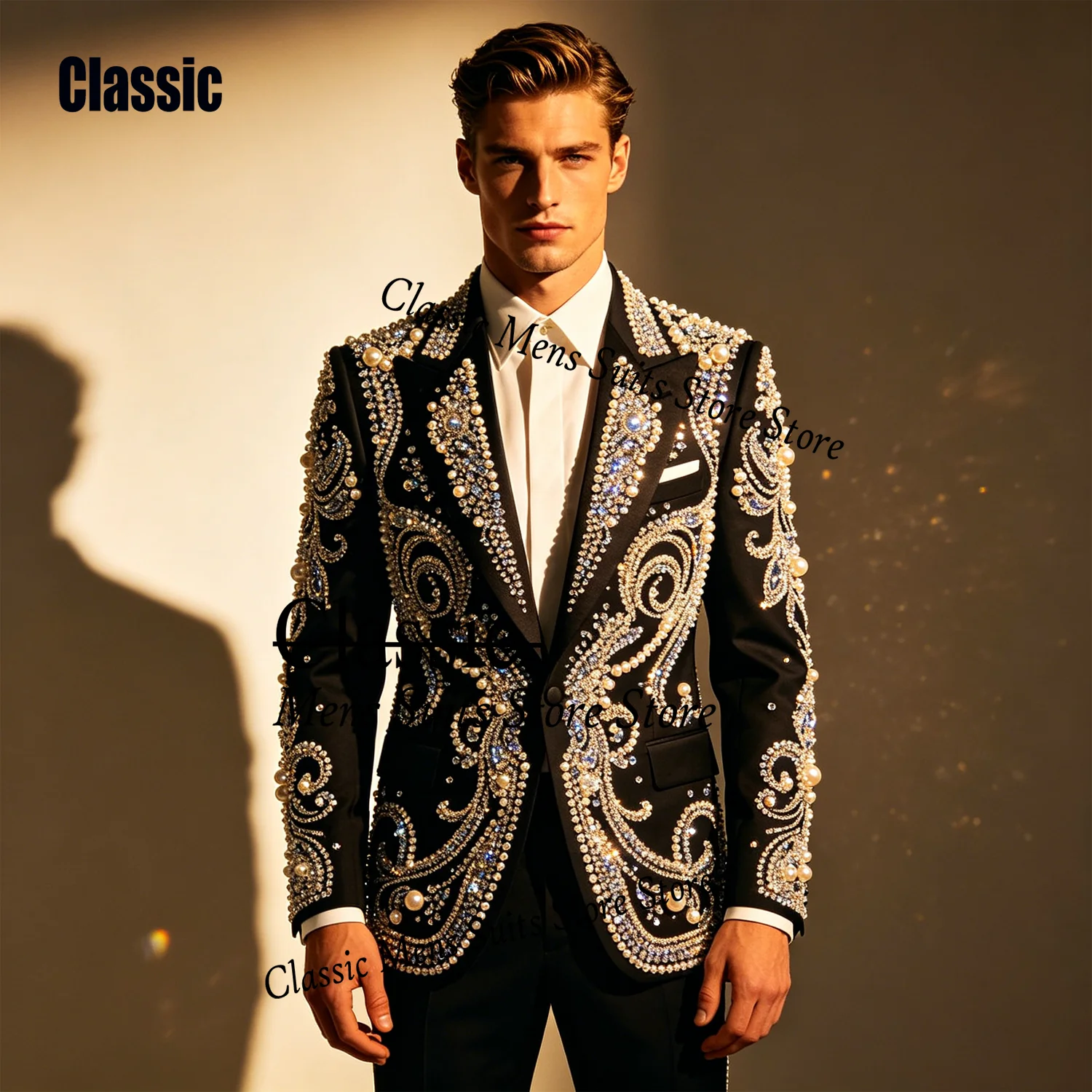 

Customized High Quality Crystal Beads Men Wedding Tuxedo 2 Pieces High End Formal Embroidered Male Blazers Ropa hombre Slim Suit