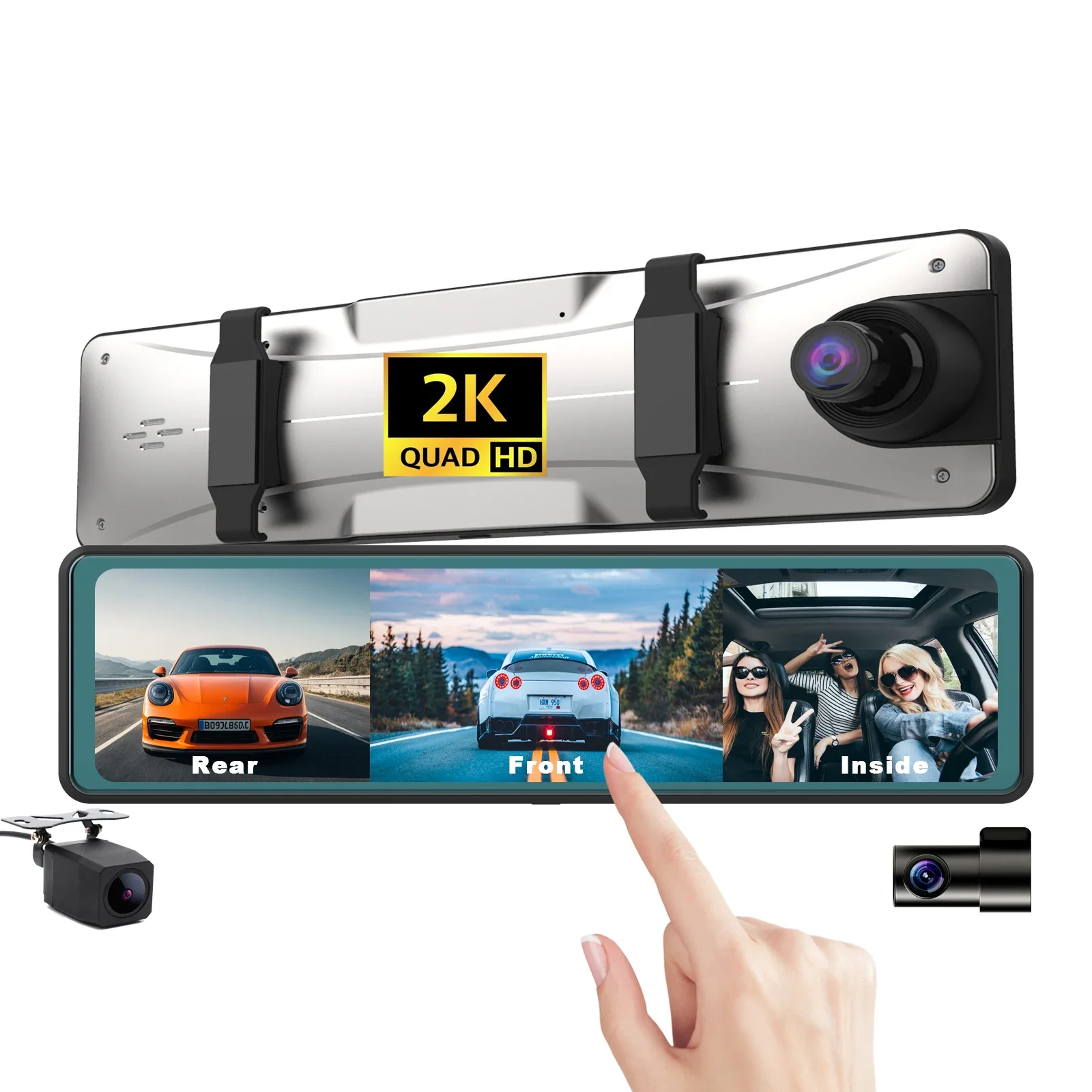 12 inch  Touch screen rearview mirror dash camera 3 channel 2k wifi dash cam Front rear and inside 3 lens 2k wifi gps dashcam