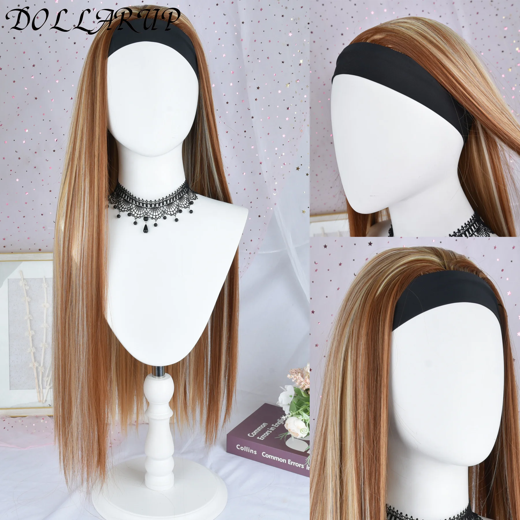 Pelucas de diadema con reflejos negros y marrones de síntesis para mujeres negras, pelo largo y liso con cuerpo de 32 "con diadema adjunta de aspecto Natural