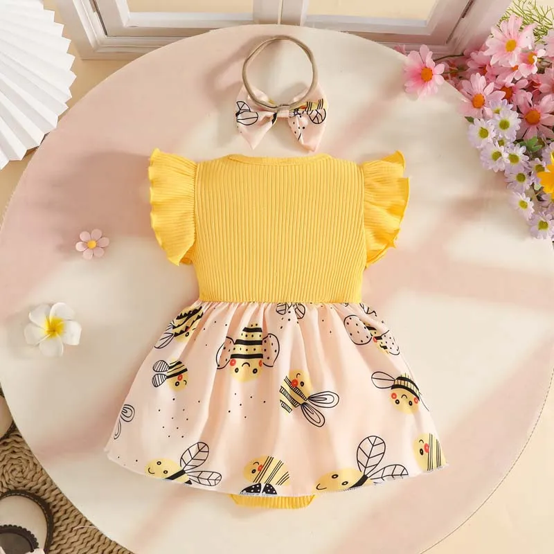 0-18 Months Summer Baby Girl Clothing Outfits Ruffled Sleeves Bees Print Bodysuits With Headband Newborn Baby Clothes