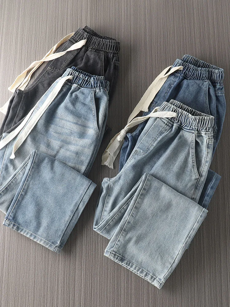 

Retro Waed Dstring Elastic Waist Jeans Men's Spring Autumn Loose Straight Casual Long Trousers Trendy Wide Leg Jeans